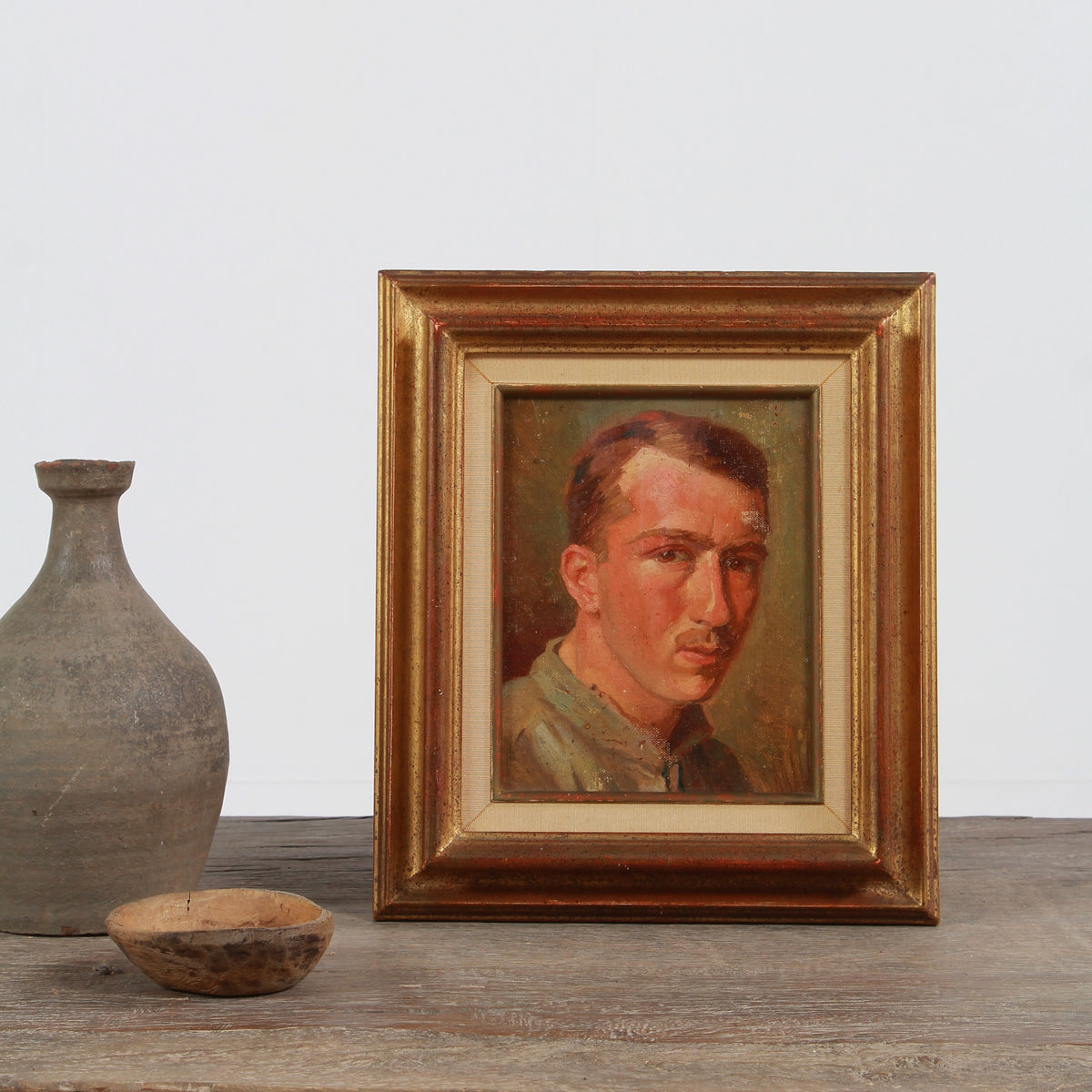 French Early 20thC Oil On Board Portrait Of Young Male With Moustache