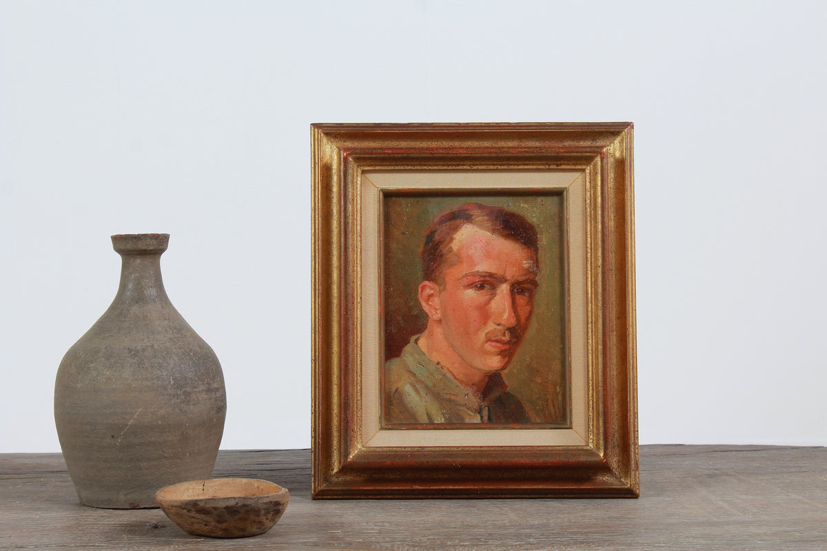 French Early 20thC Oil On Board Portrait Of Young Male With Moustache
