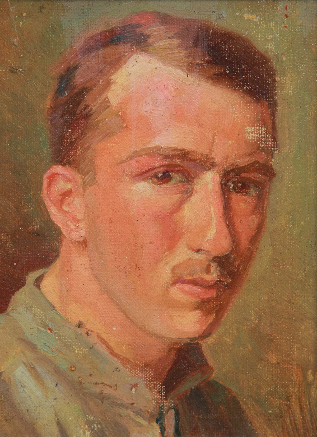 French Early 20thC Oil On Board Portrait Of Young Male With Moustache