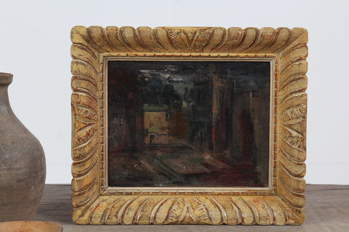 Moody Early 20thC English Oil on Canvas of Courtyard with castle at dusk