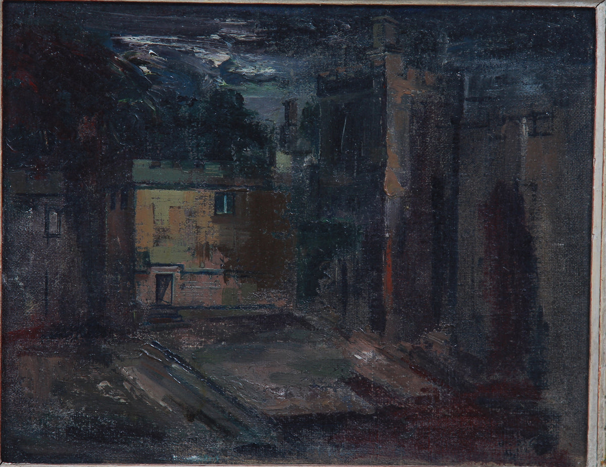 Moody Early 20thC English Oil on Canvas of Courtyard with castle at dusk