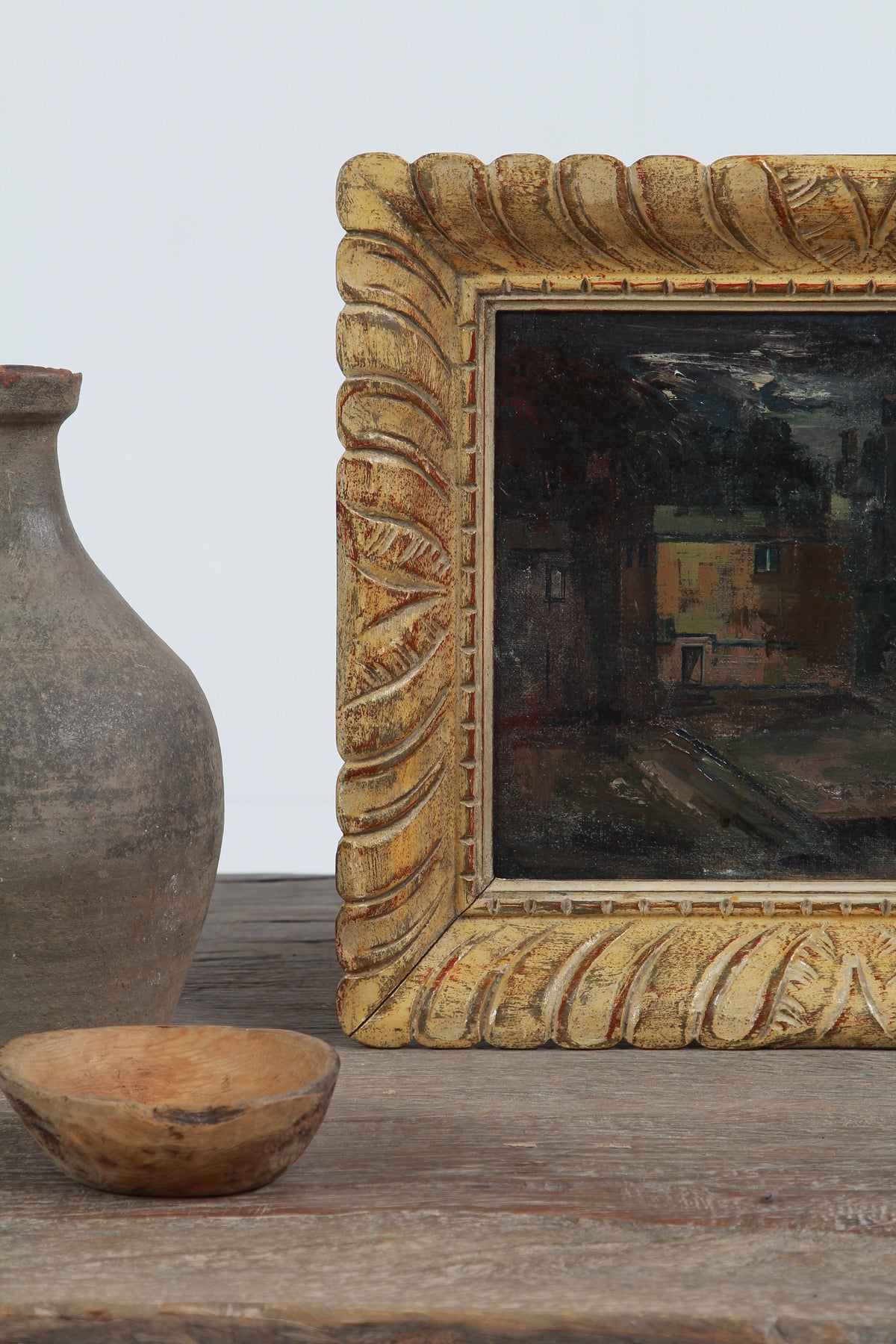 Moody Early 20thC English Oil on Canvas of Courtyard with castle at dusk