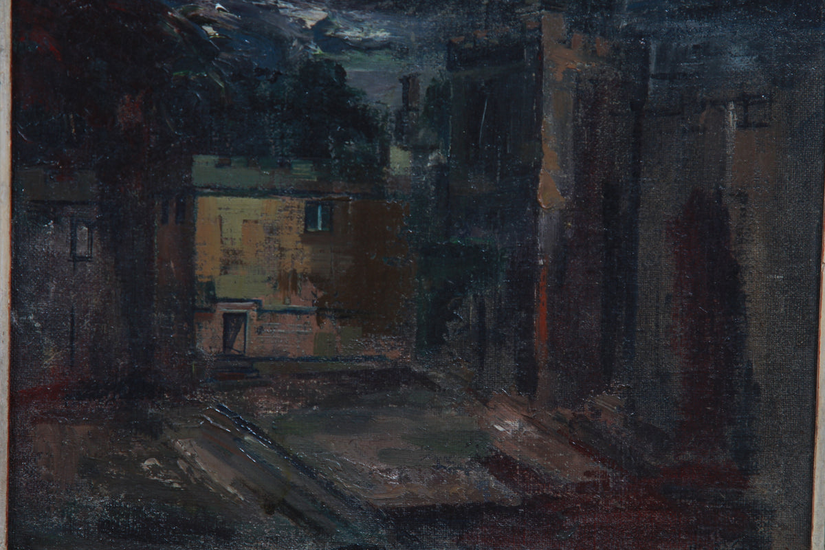 Moody Early 20thC English Oil on Canvas of Courtyard with castle at dusk