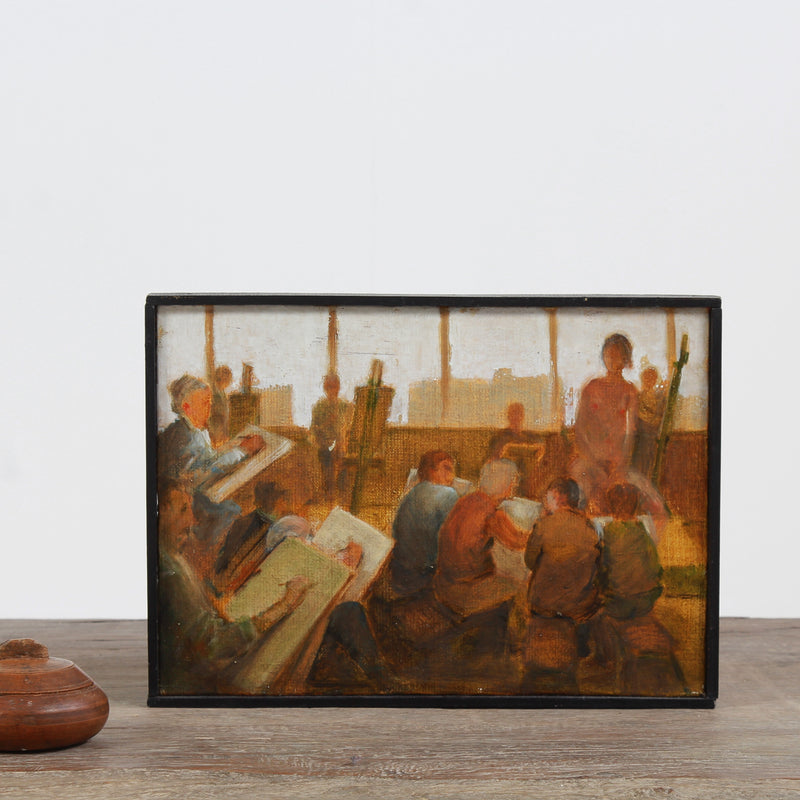 Framed English 20thC Oil on Board Study Of An Art Class