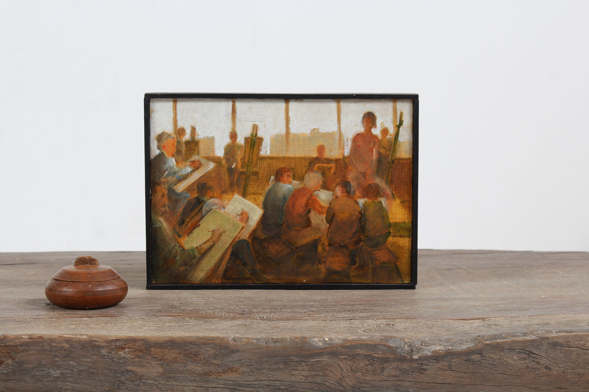 Framed English 20thC Oil on Board Study Of An Art Class