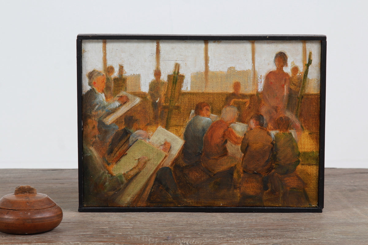 Framed English 20thC Oil on Board Study Of An Art Class