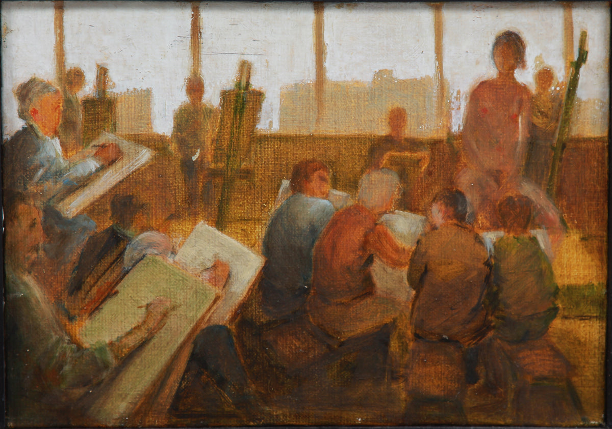Framed English 20thC Oil on Board Study Of An Art Class