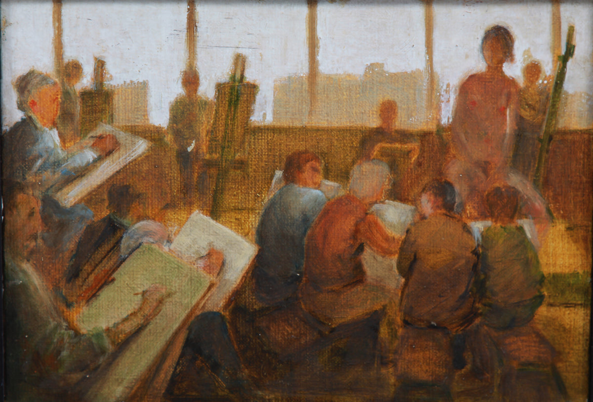 Framed English 20thC Oil on Board Study Of An Art Class