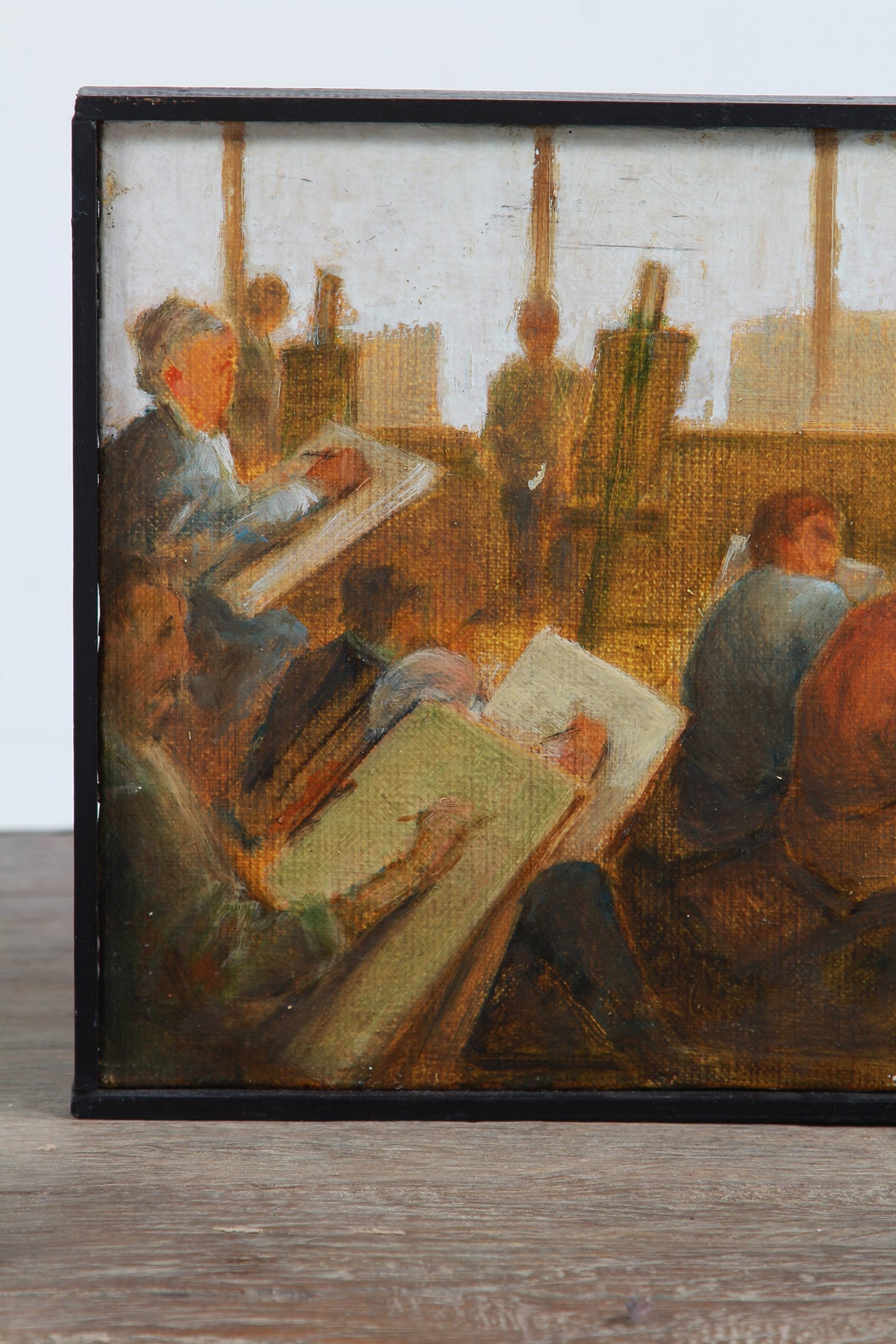 Framed English 20thC Oil on Board Study Of An Art Class