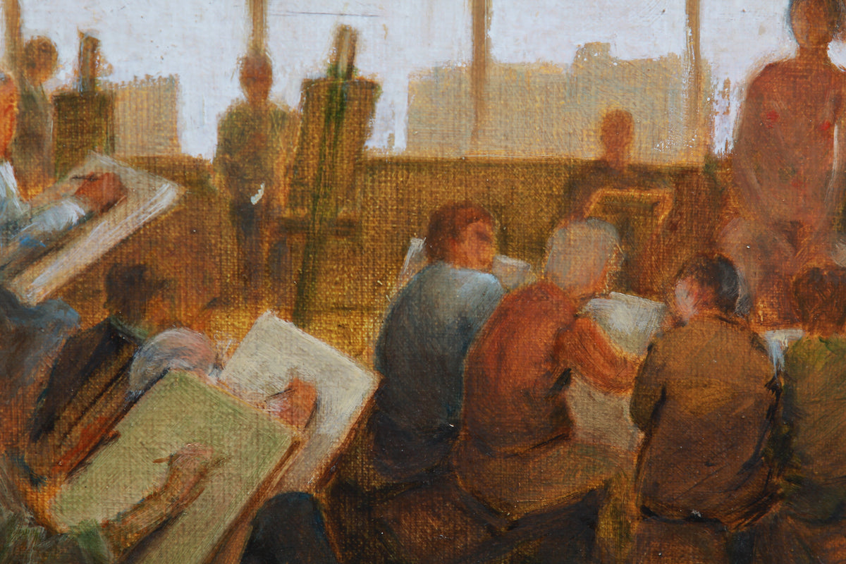 Framed English 20thC Oil on Board Study Of An Art Class