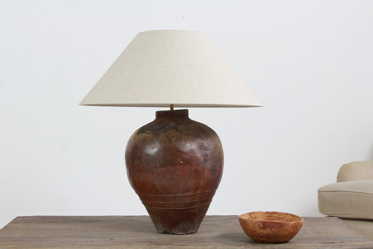 XXL CHINESE GLAZED ANTIQUE STORAGE WINE JAR LAMP WITH SHADE