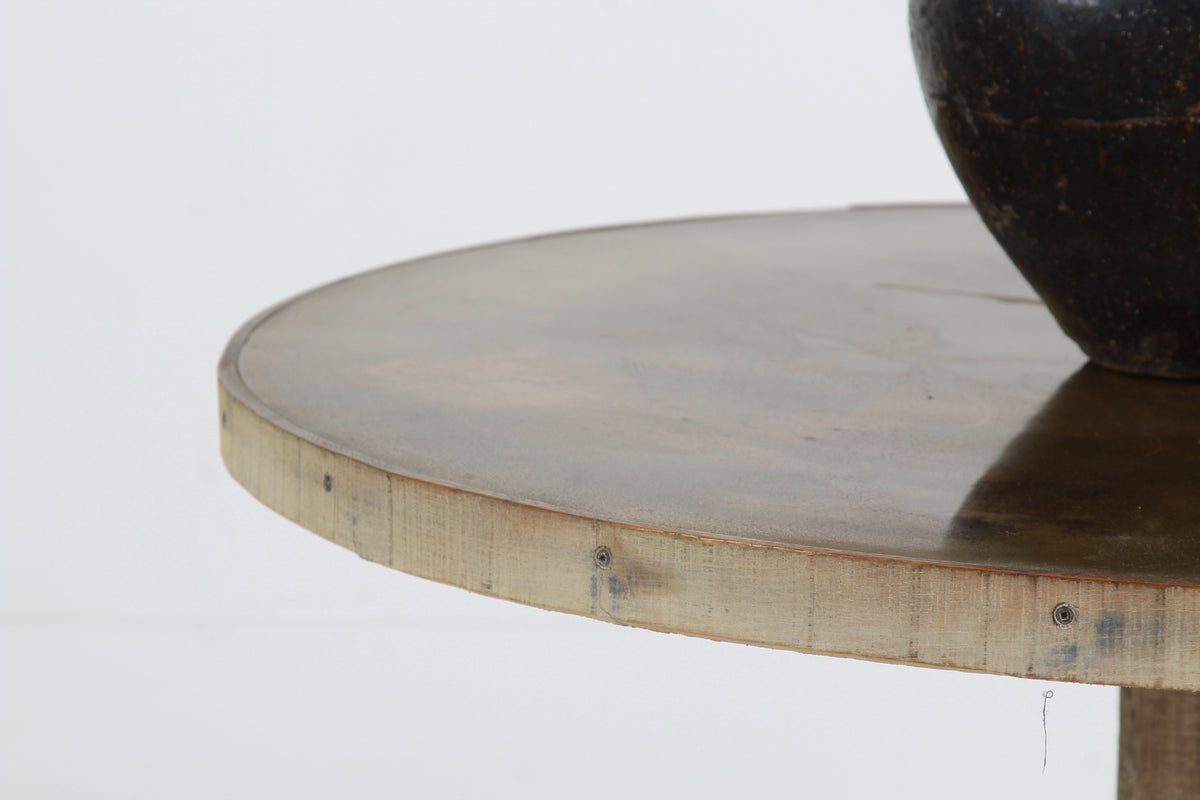 Bespoke Aged Brass Top Round Dining/Centre Table with Oak Trim and Base