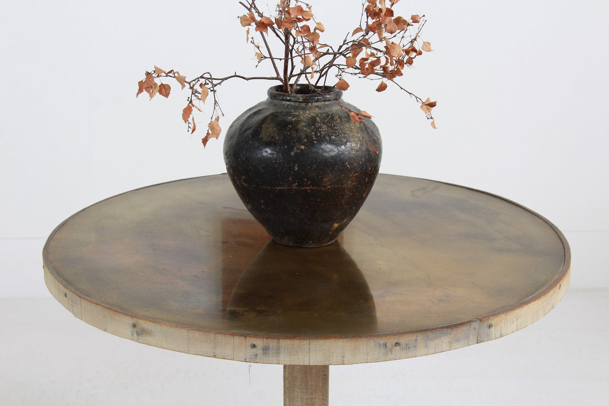 Bespoke Aged Brass Top Round Dining/Centre Table with Oak Trim and Base