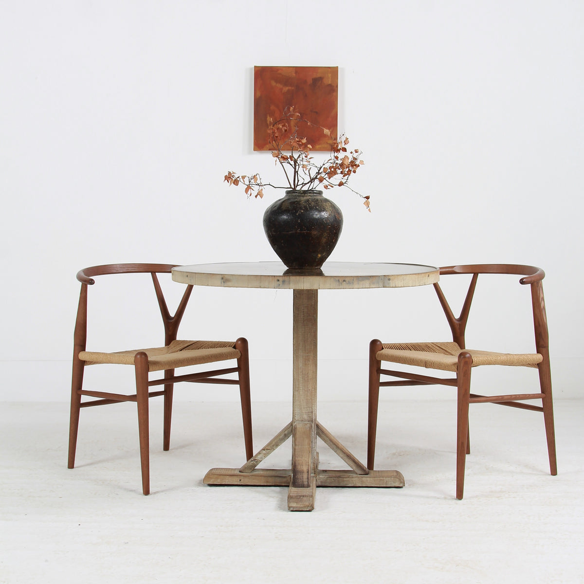 Bespoke Aged Brass Top Round Dining/Centre Table with Oak Trim and Base