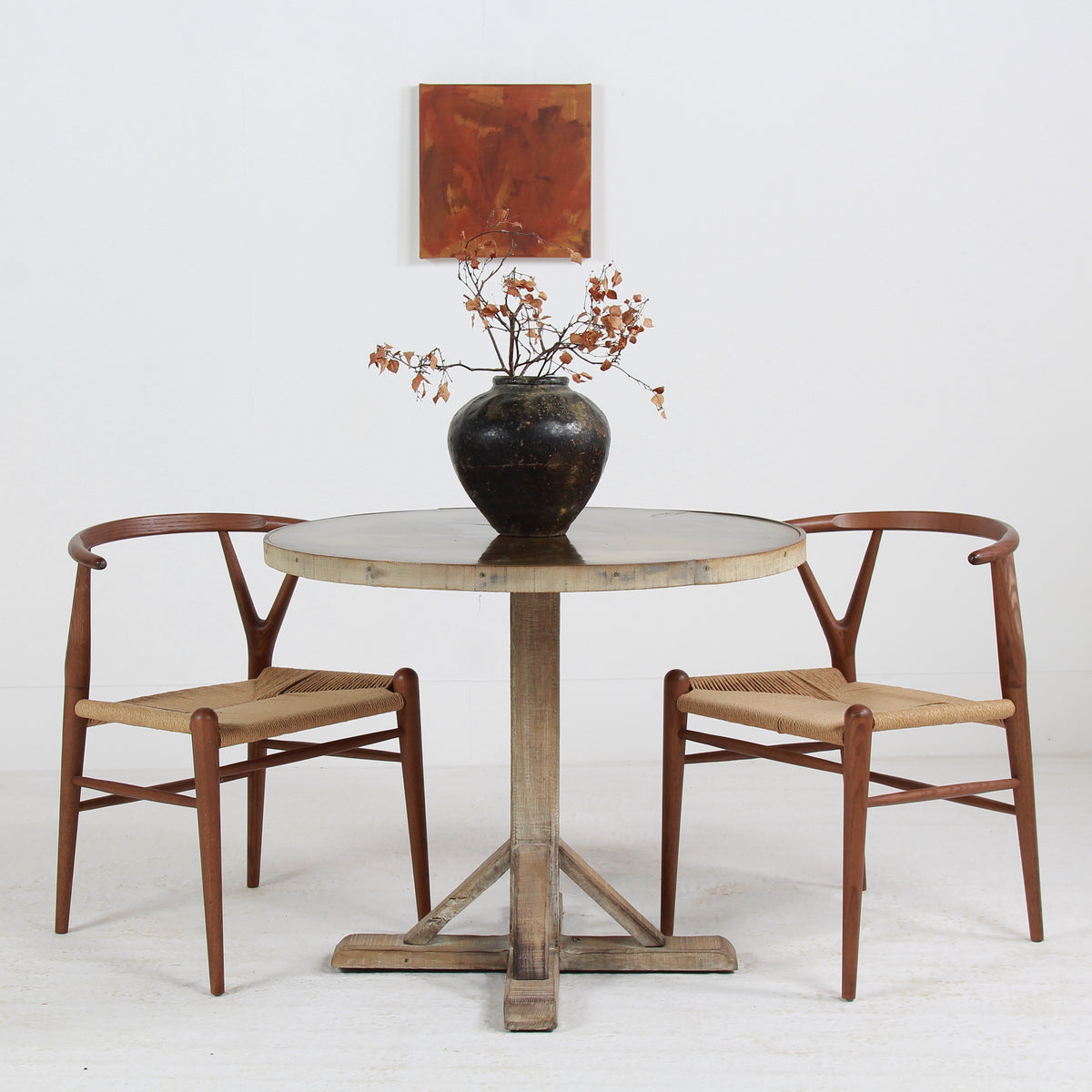 Bespoke Aged Brass Top Round Dining/Centre Table with Oak Trim and Base