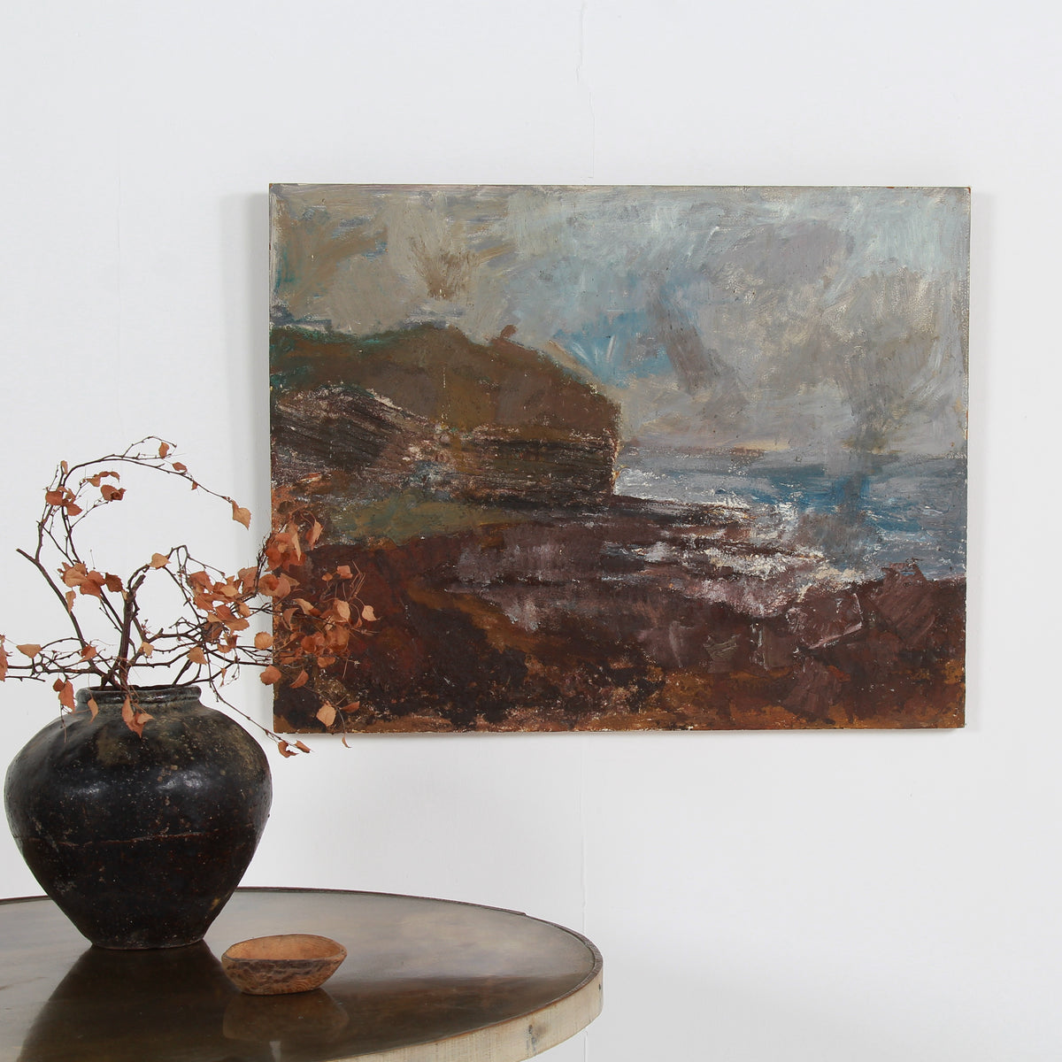 A Dramatic & Moody  English Oil on Board of Crashing Waves and Textured Coastline