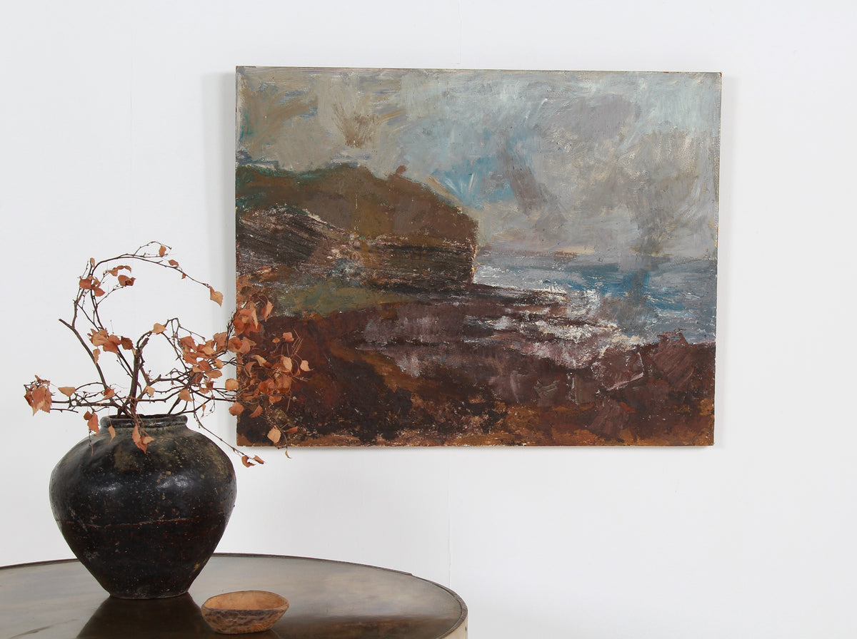 A Dramatic & Moody  English Oil on Board of Crashing Waves and Textured Coastline