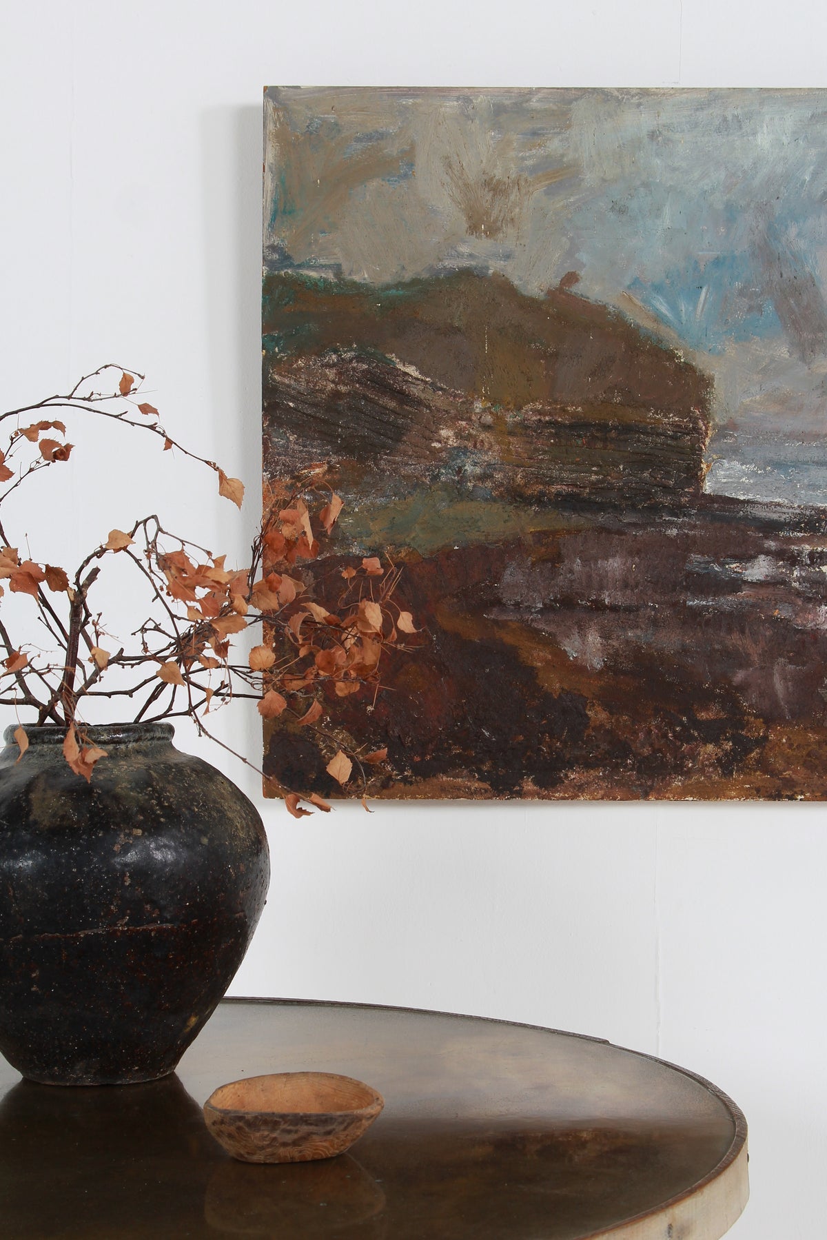 A Dramatic & Moody  English Oil on Board of Crashing Waves and Textured Coastline