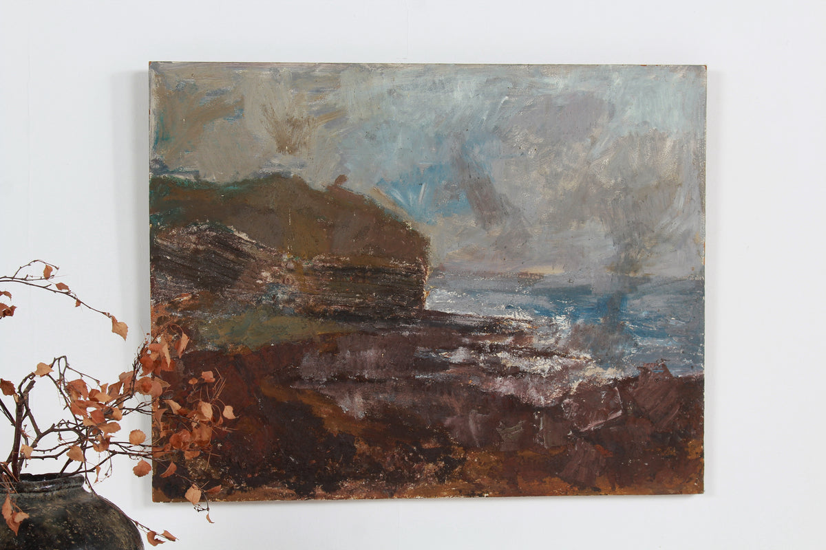 A Dramatic & Moody  English Oil on Board of Crashing Waves and Textured Coastline