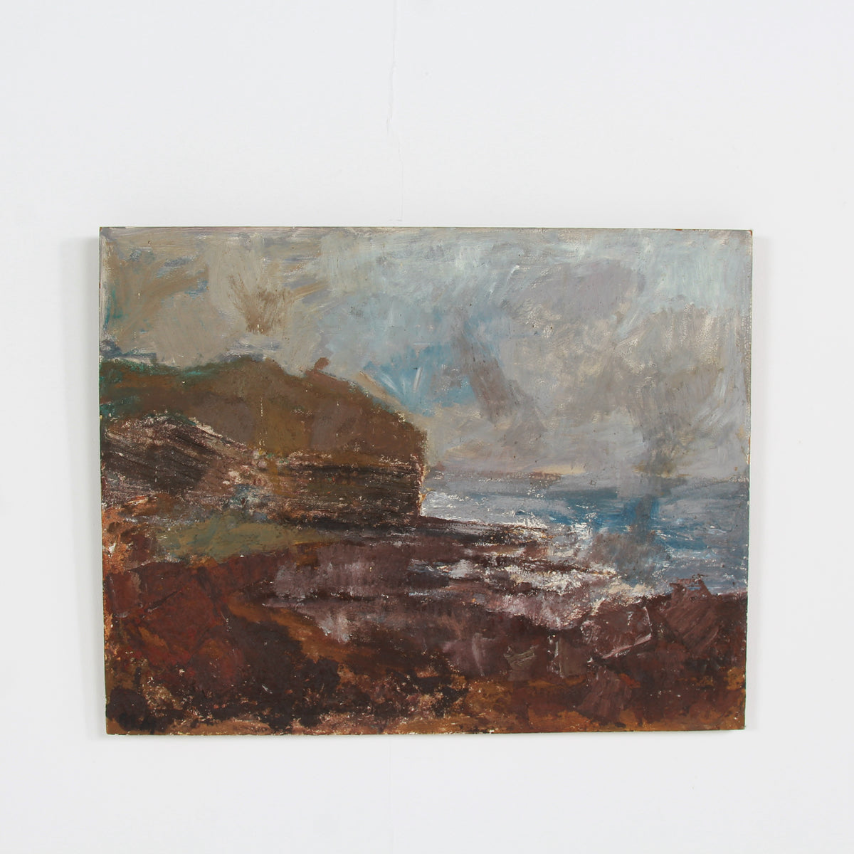 A Dramatic & Moody  English Oil on Board of Crashing Waves and Textured Coastline