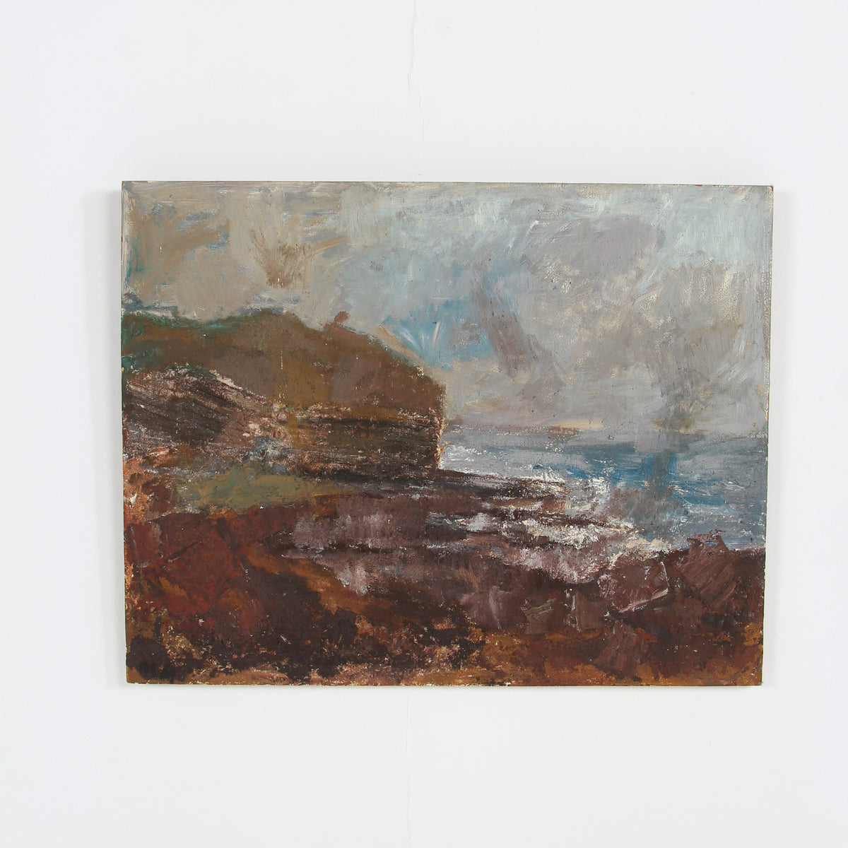 A Dramatic & Moody  English Oil on Board of Crashing Waves and Textured Coastline