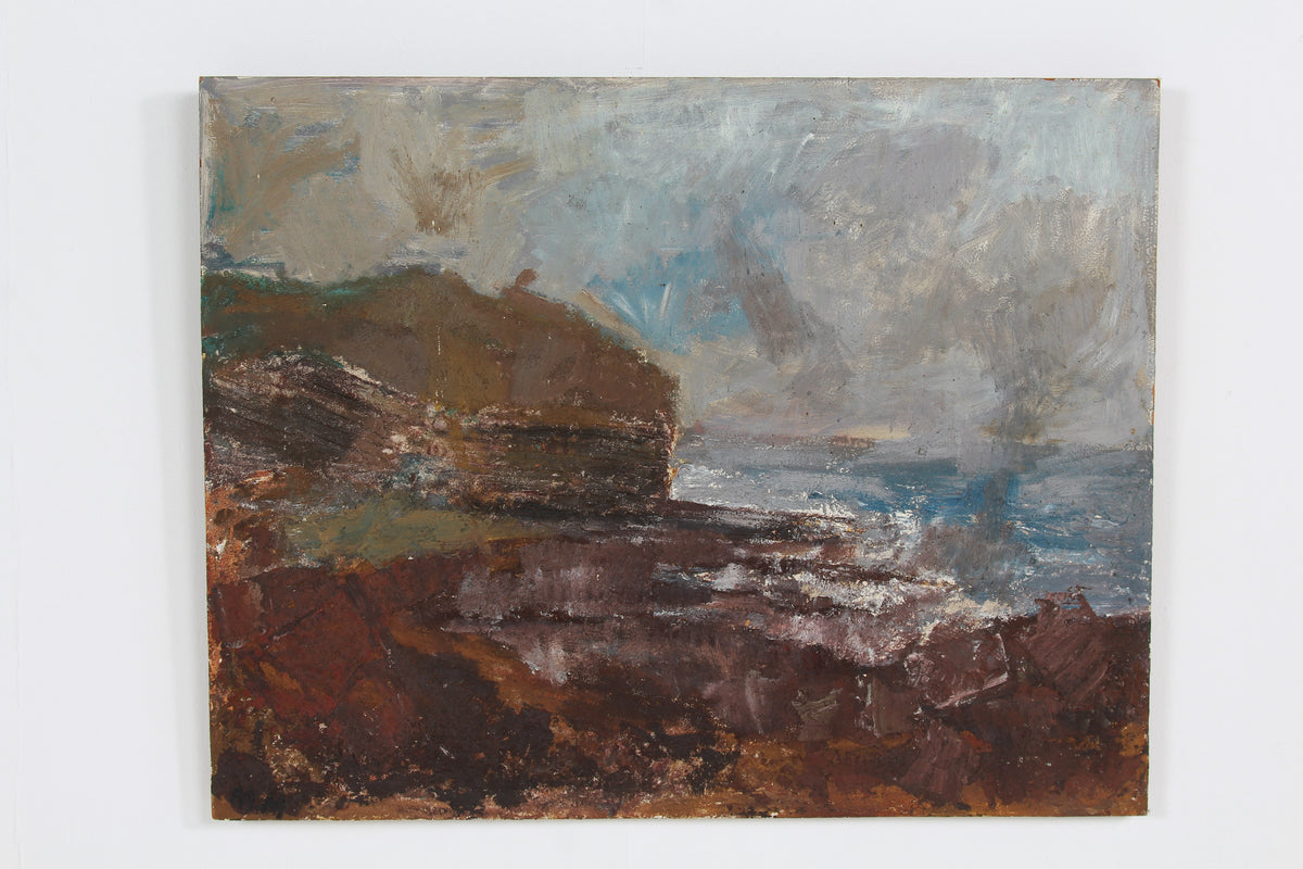A Dramatic & Moody  English Oil on Board of Crashing Waves and Textured Coastline