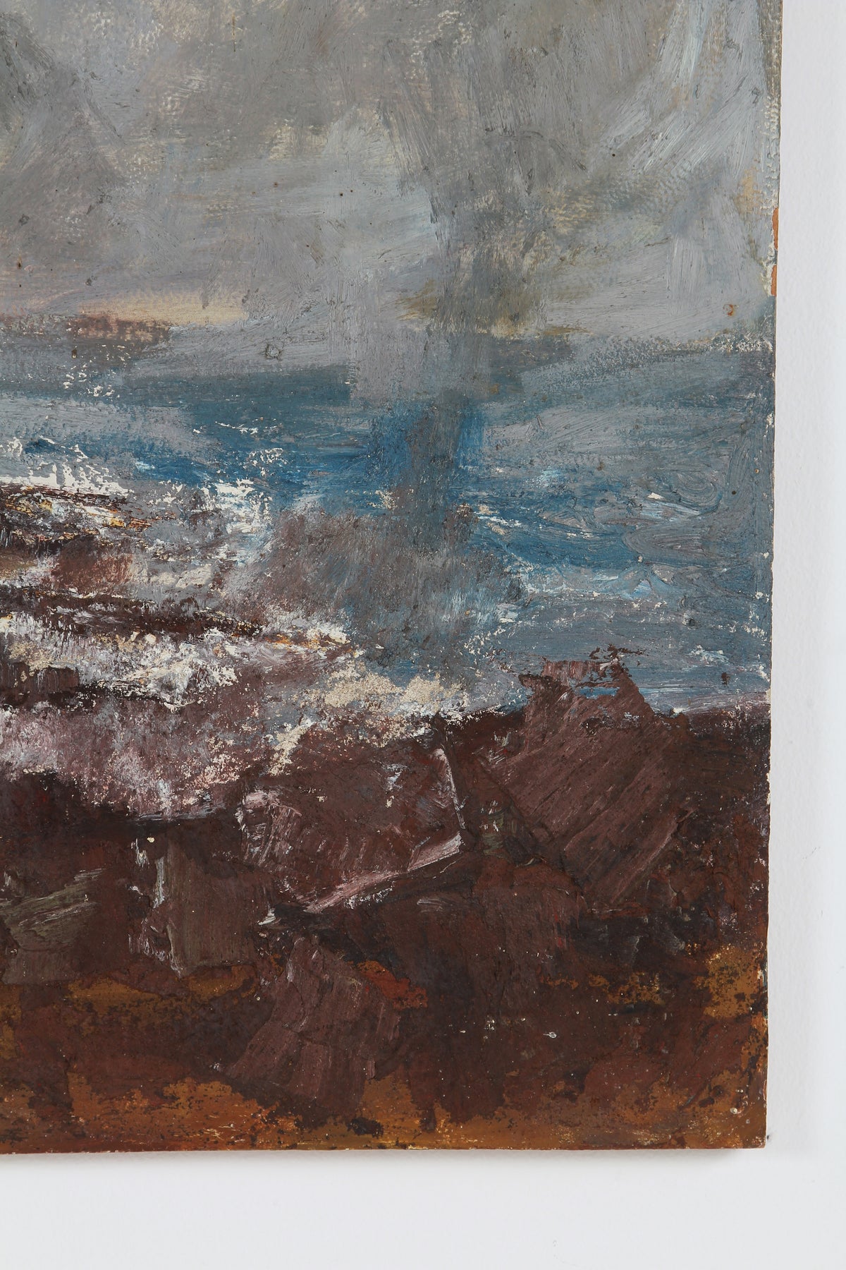 A Dramatic & Moody  English Oil on Board of Crashing Waves and Textured Coastline