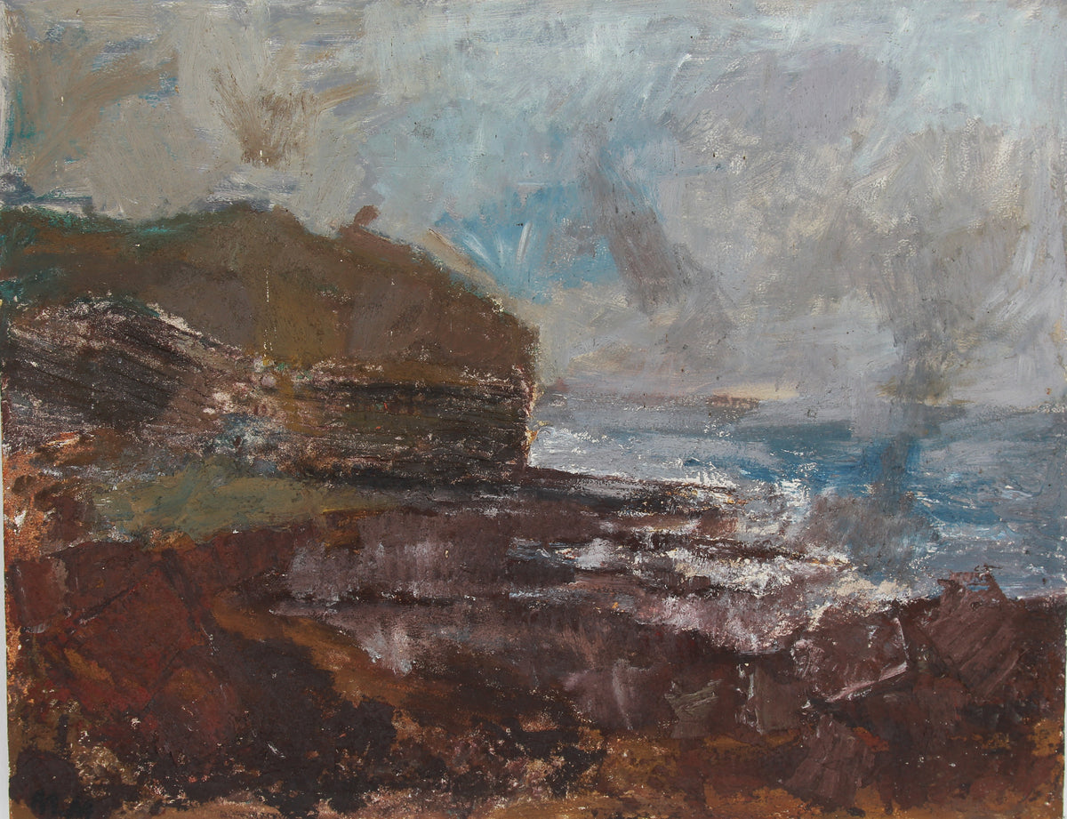 A Dramatic & Moody  English Oil on Board of Crashing Waves and Textured Coastline