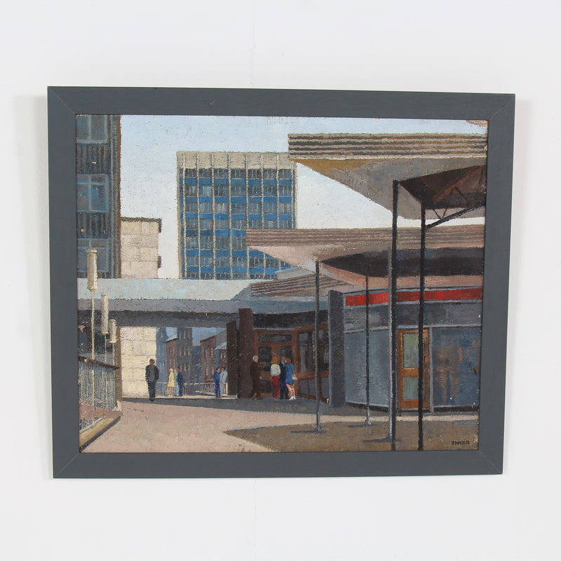 Mid Century Framed Oil on Board of Architects Study of Pedestrian Walk in London