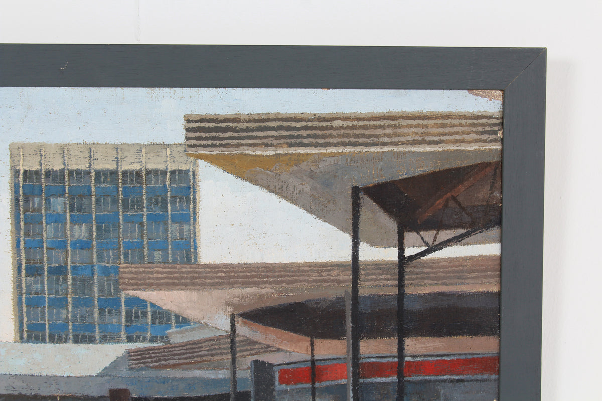 Mid Century Framed Oil on Board of Architects Study of Pedestrian Walk in London