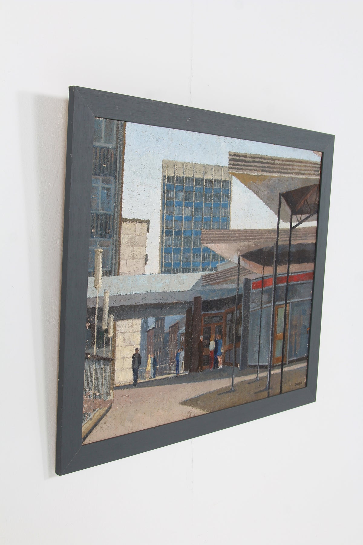 Mid Century Framed Oil on Board of Architects Study of Pedestrian Walk in London