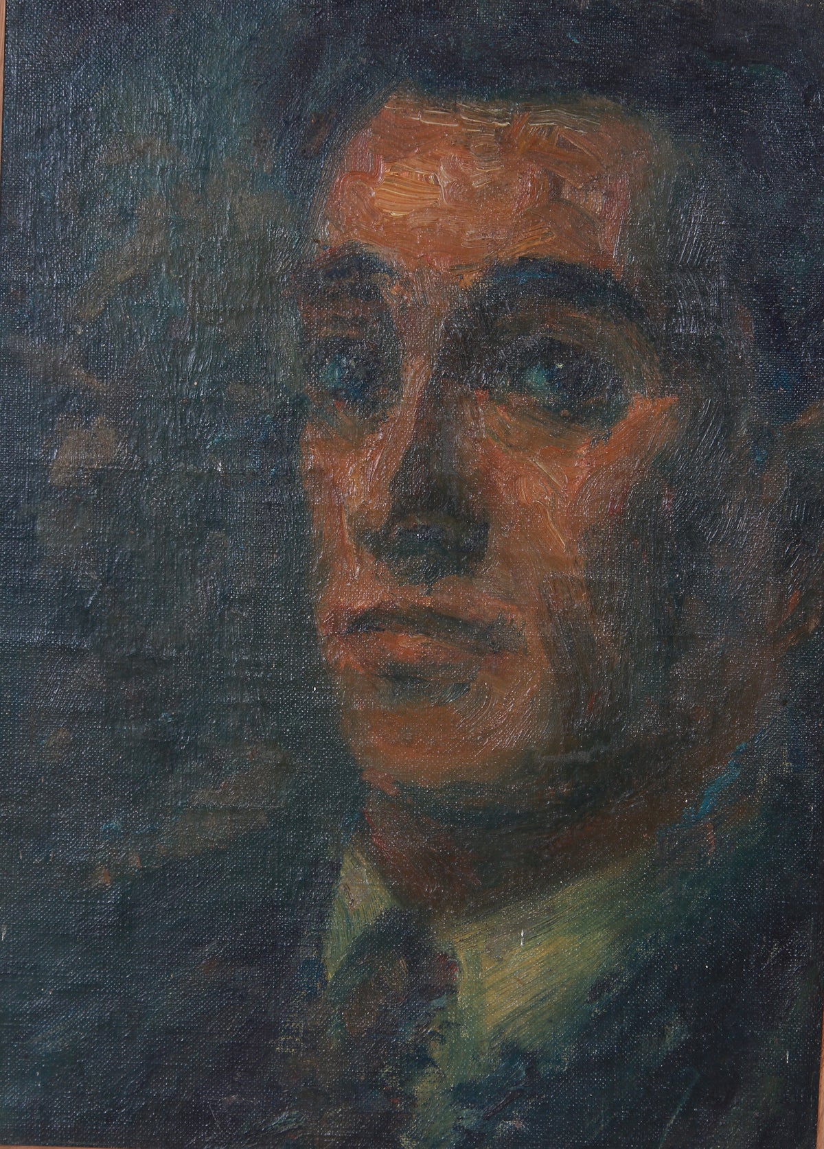 A Very Charming & Moody English Early 20thC Oil on Board of Young Male with Tie