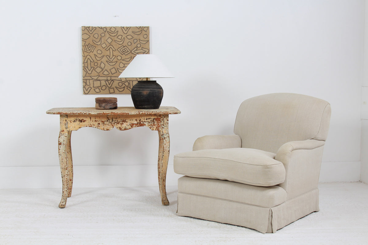BLACK UNGLAZED POTTERY TABLE LAMP WITH WHITE EMPIRE LINEN SHADE
