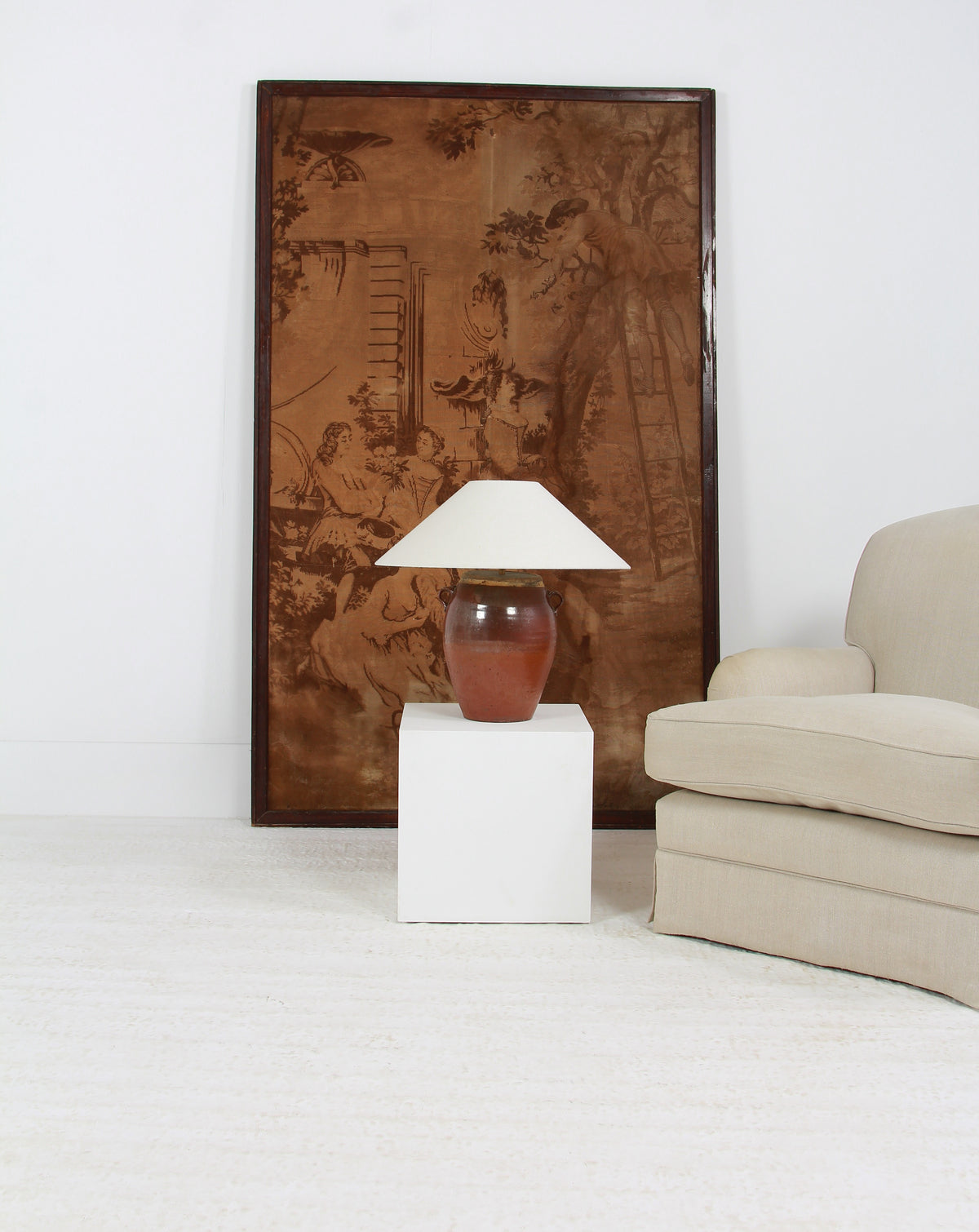 AUTHENTIC BROWN GLAZED OIL POT TABLE LAMP WITH WHITE LINEN DRUM SHADE EX DISPLAY