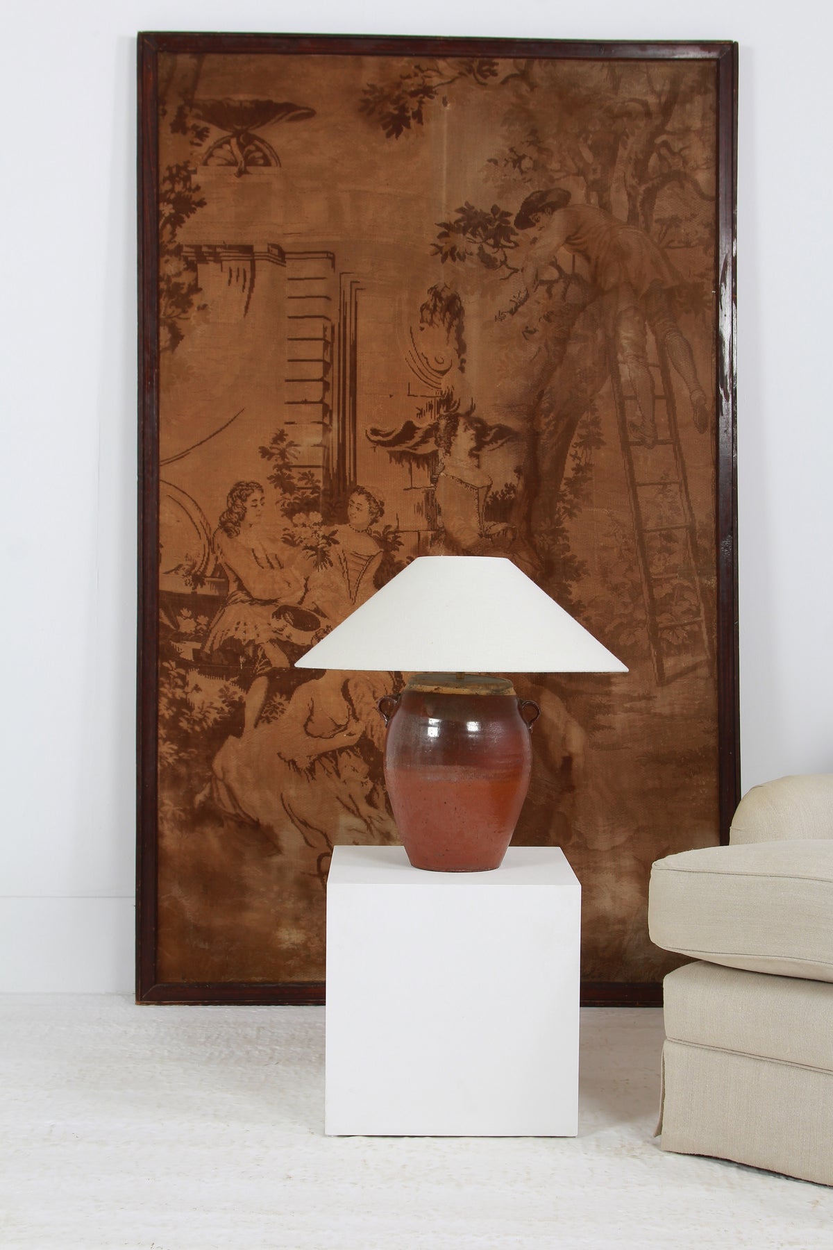 AUTHENTIC BROWN GLAZED OIL POT TABLE LAMP WITH WHITE LINEN DRUM SHADE EX DISPLAY