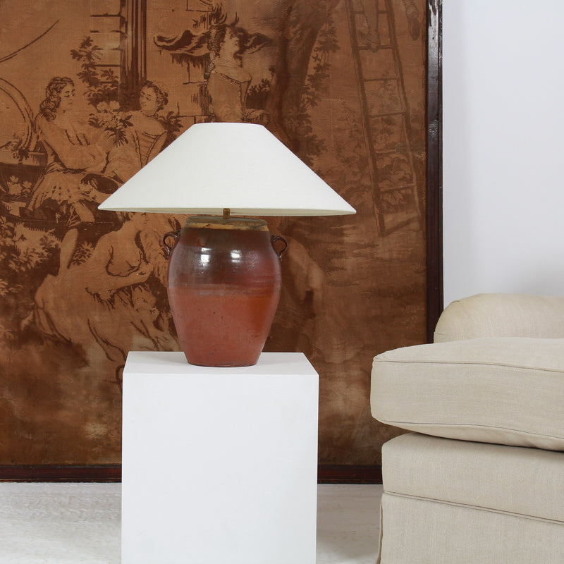 AUTHENTIC BROWN GLAZED OIL POT TABLE LAMP WITH WHITE LINEN DRUM SHADE EX DISPLAY