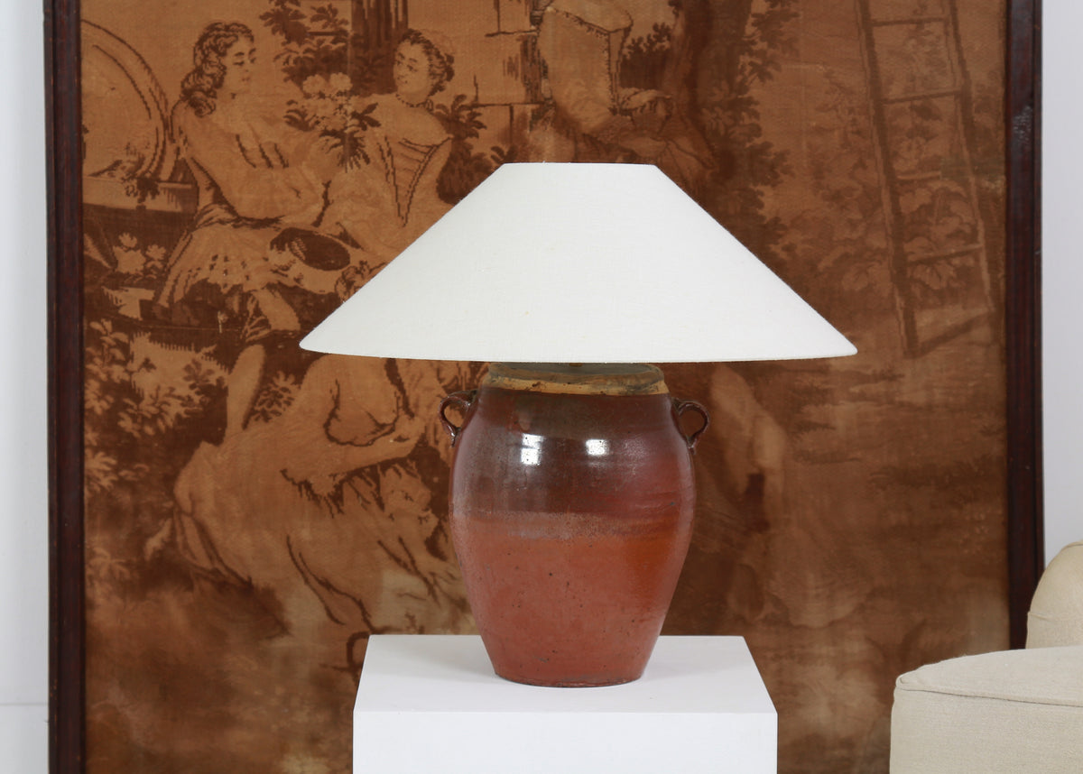 AUTHENTIC BROWN GLAZED OIL POT TABLE LAMP WITH WHITE LINEN DRUM SHADE EX DISPLAY