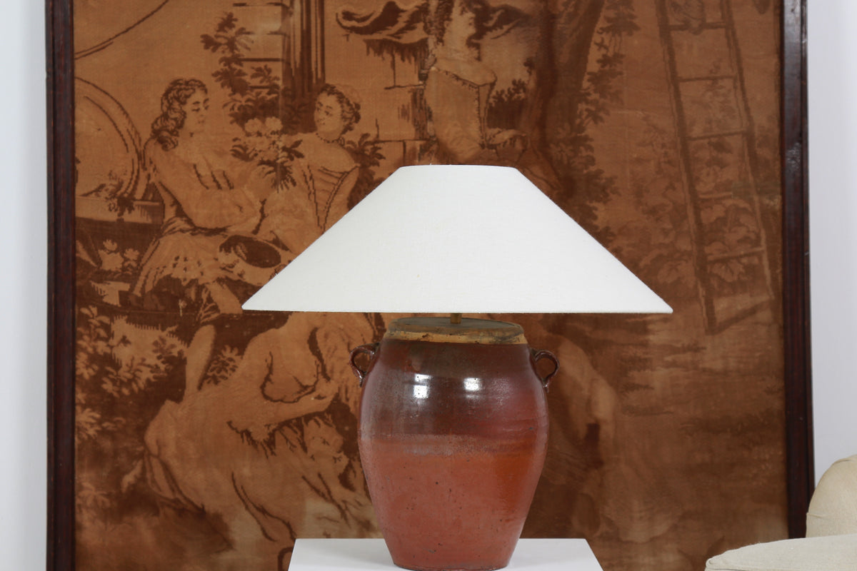 AUTHENTIC BROWN GLAZED OIL POT TABLE LAMP WITH WHITE LINEN DRUM SHADE EX DISPLAY