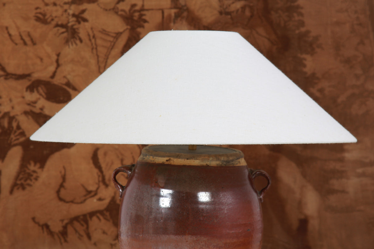 AUTHENTIC BROWN GLAZED OIL POT TABLE LAMP WITH WHITE LINEN DRUM SHADE EX DISPLAY