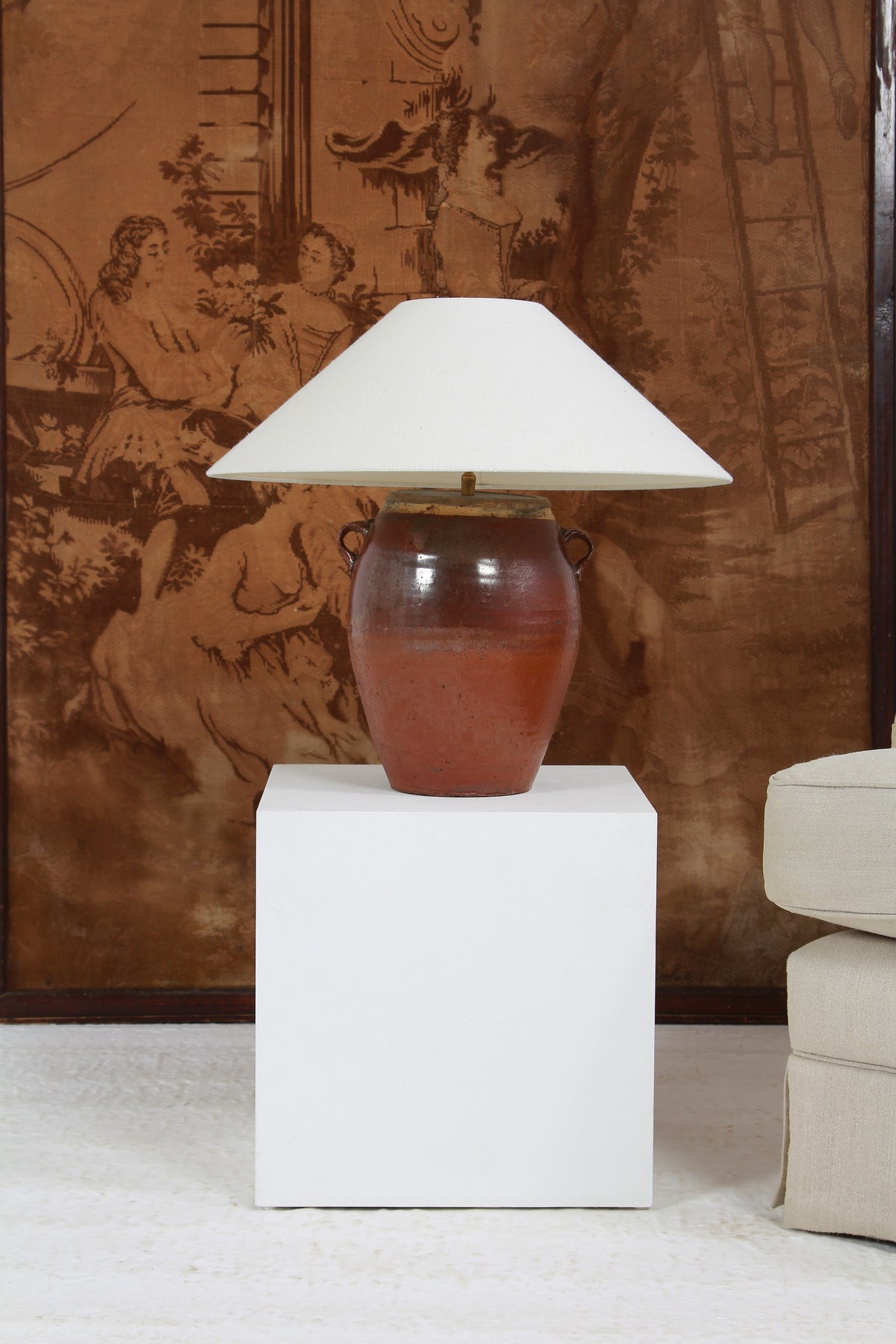 AUTHENTIC BROWN GLAZED OIL POT TABLE LAMP WITH WHITE LINEN DRUM SHADE EX DISPLAY