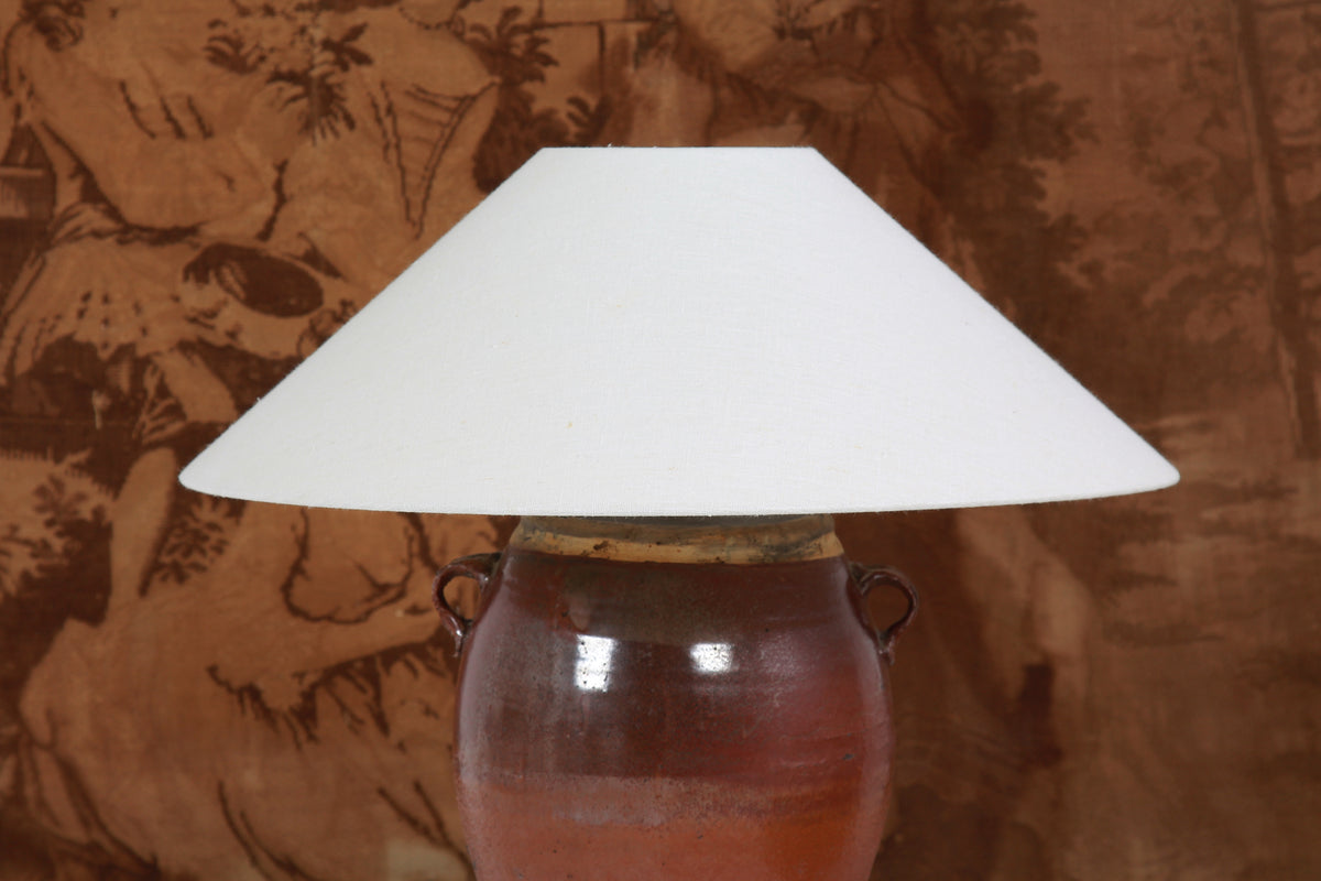 AUTHENTIC BROWN GLAZED OIL POT TABLE LAMP WITH WHITE LINEN DRUM SHADE EX DISPLAY