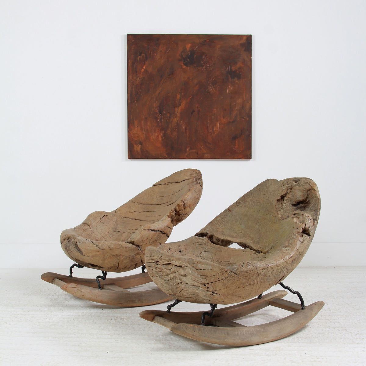 Organic Sculptural Brutalist Tree Trunk Root Rocking Chairs