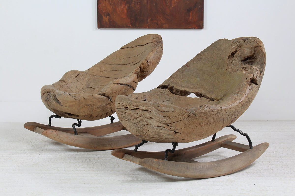 Organic Sculptural Brutalist Tree Trunk Root Rocking Chairs