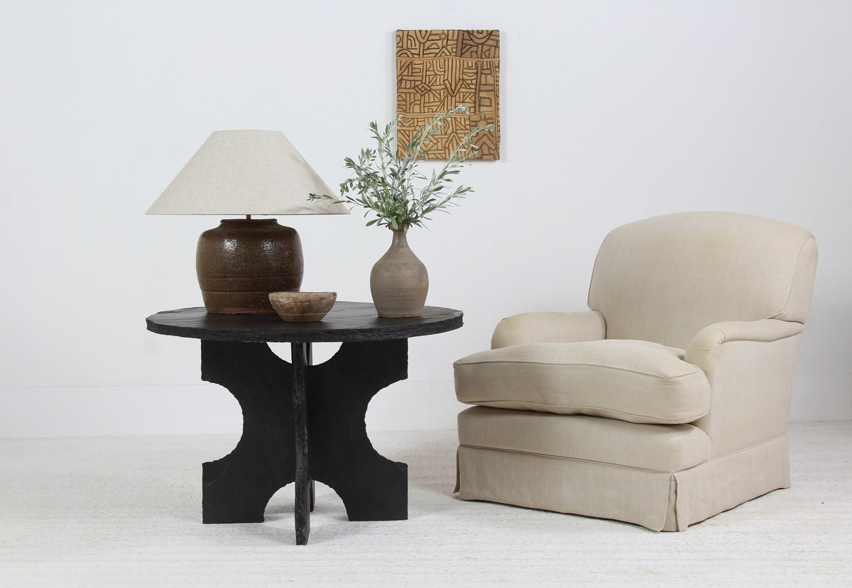 ANTIQUE CHINESE TABLE LAMP WITH NATURAL LINEN EMPIRE SHADE