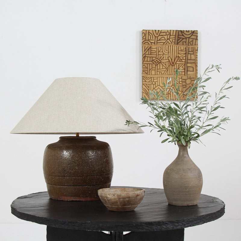 ANTIQUE CHINESE TABLE LAMP WITH NATURAL LINEN EMPIRE SHADE