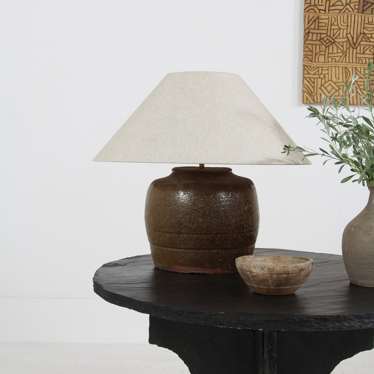 ANTIQUE CHINESE TABLE LAMP WITH NATURAL LINEN EMPIRE SHADE