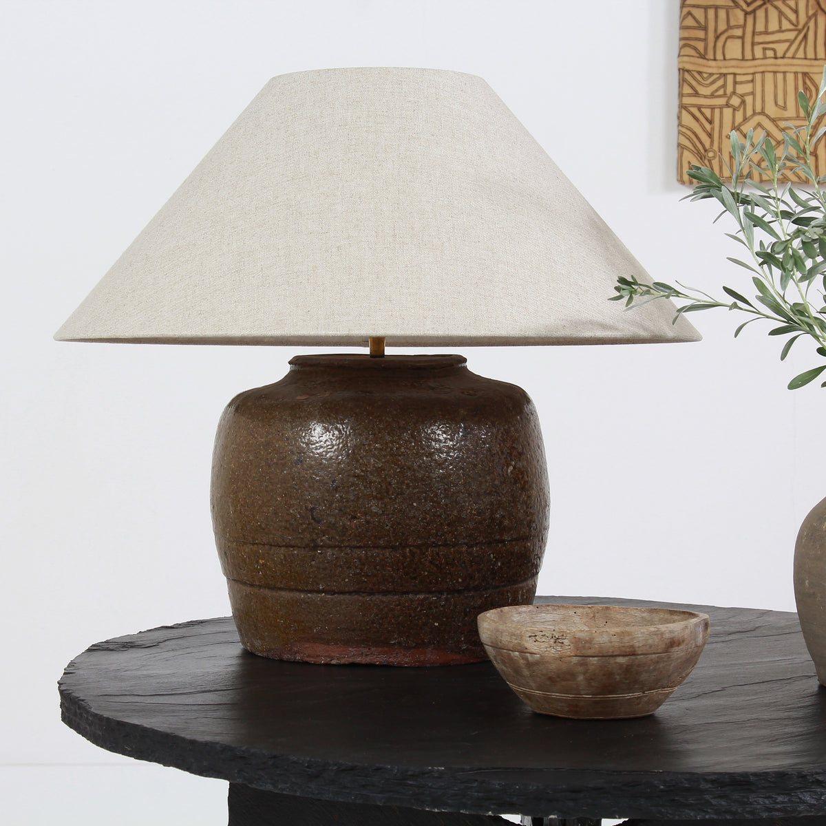 ANTIQUE CHINESE TABLE LAMP WITH NATURAL LINEN EMPIRE SHADE