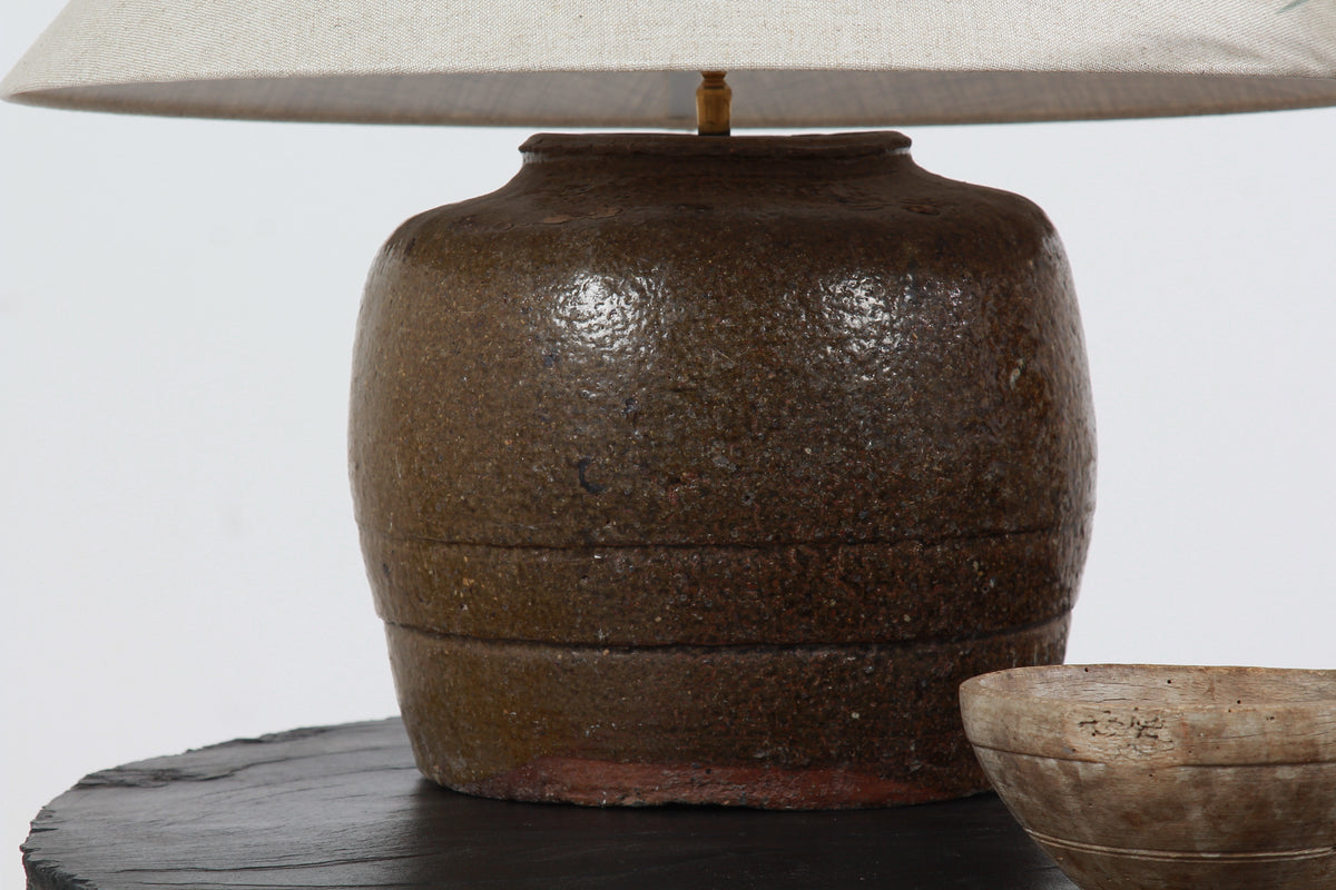 ANTIQUE CHINESE TABLE LAMP WITH NATURAL LINEN EMPIRE SHADE