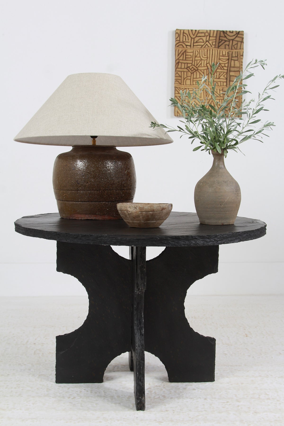 ANTIQUE CHINESE TABLE LAMP WITH NATURAL LINEN EMPIRE SHADE