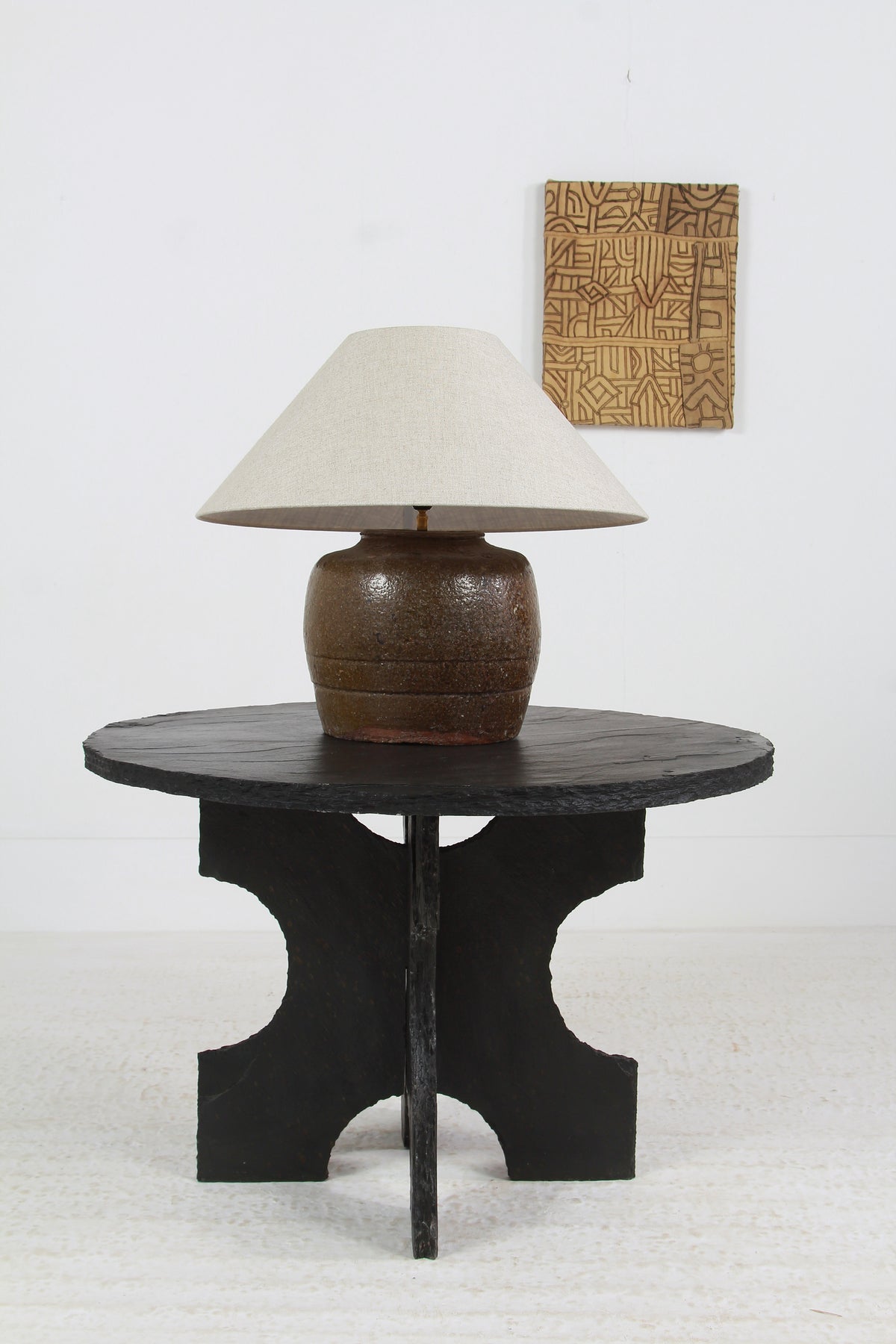 ANTIQUE CHINESE TABLE LAMP WITH NATURAL LINEN EMPIRE SHADE